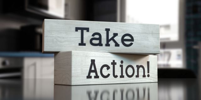 Take action - words on wooden blocks - 3D illustration