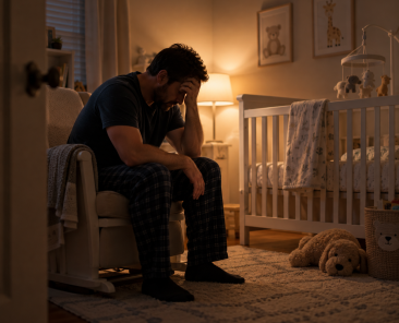 Exhausted Father in a Warm Nursery